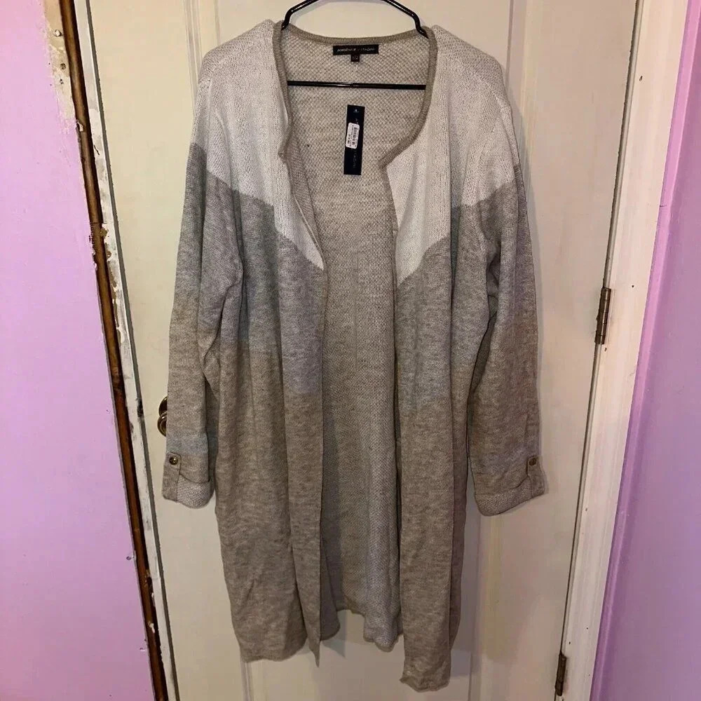 NWT Adrienne Vittadini Open Cardigan Color Block Grey White Cream Pockets Sz 3X